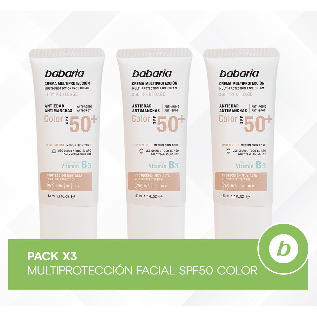 Babaria Pack 3x Multiprotección Facial SPF50+ Color: Crema Solar Facial Antiedad y Antimanchas con Niacinamida, Textura Ligera 50 ml