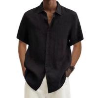 Camisa Casual De Hombre De Algodón Y Lino Para Verano Estilo Playa De Cuello En V Manga Corta Tallas Grandes Colores Sólidos - details 4