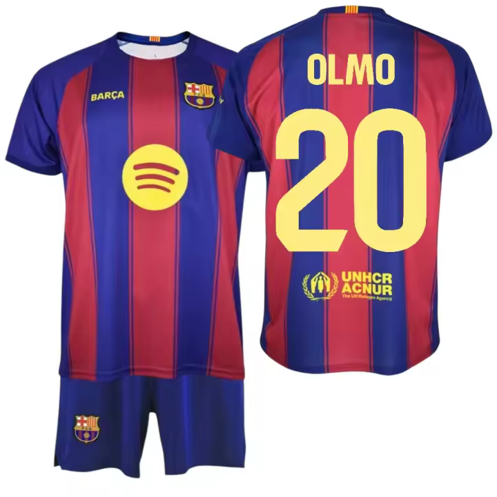 F.C Barcelona - Conjunto Camiseta y Pantalón Niño - Jugador OLMO Nº20 - Diseño Blaugrana Clásico - Escudo Bordado - Tejido Transpirable - Ideal para regalo - 1