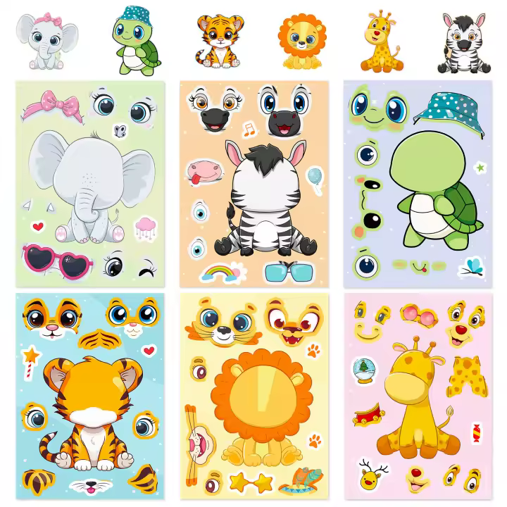 Pegatinas De Cara Cambiante De Animales Cartoon Lindos Para Niños 6pcs Giraffa Tortuga Tigre DIY Juguetes Educativos - 1