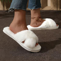 Pantuflas De Casa Para Mujer Con Tela De Peluche CrissCross Y Suela Suave Open Toe Fuzzy Caliente Invierno Pantuflas Cómodas Para Interno - details 10