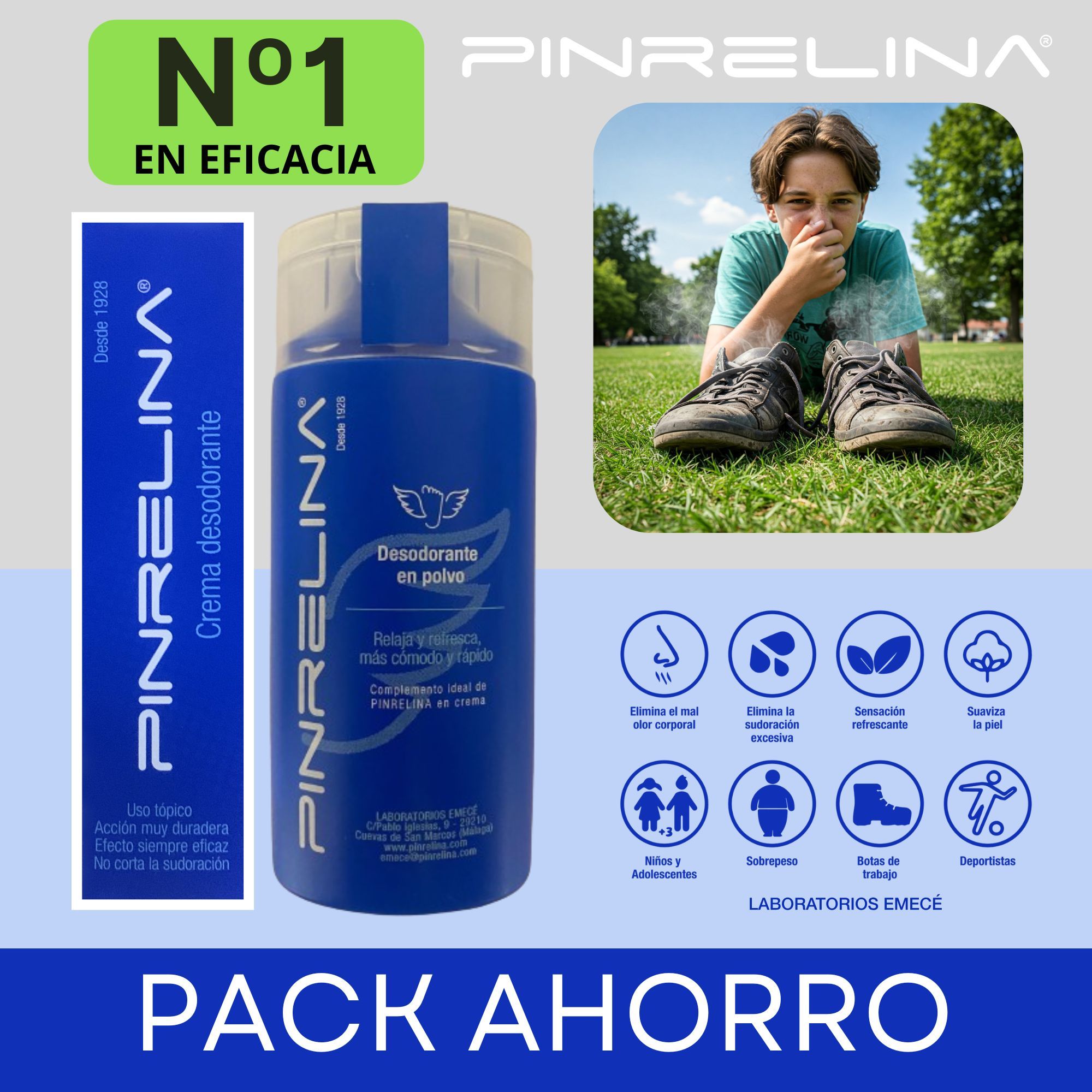 Pinrelina Pack Ahorro Crema y Polvo Tratamiento contra el mal Olor a Pies Axilas Ingles Desodorante (2 Unidades) 1 Crema 1 Polvo
