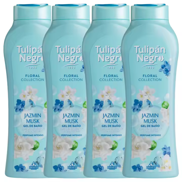 Pack de 4 geles de ducha tulipán negro - gel de baño almizcle jazmín tulipán negro 650 ml - fragancia sofisticada y duradera, limpieza e hidratación suave para el cuidado diario, aroma floral con nota - 1