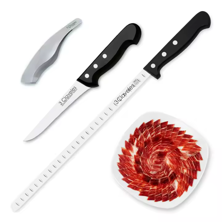 3 Claveles POM - Kit Profesional de Cuchillo Jamonero con Deshuesador y Pinzas - 1