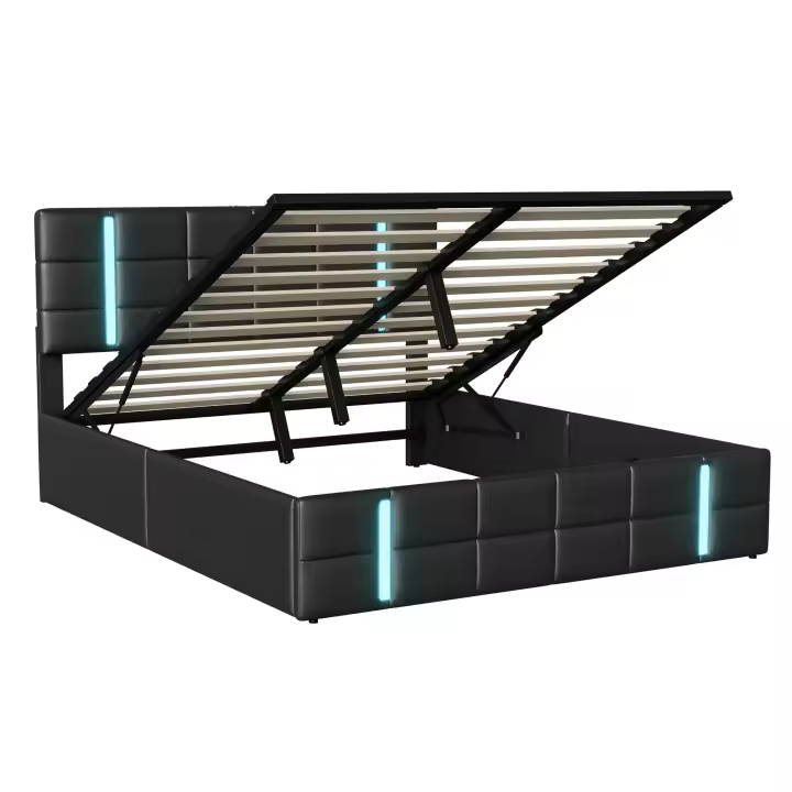 Cama canapé tapizada 140x200/160x200 cm en PU, con almacenaje hidráulico, LED, USB y Type-C, cama acolchada moderna con somier - 1