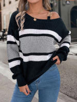 Suéter De Manga Larga Casual De Otoño E Invierno Para Mujer Con Rayas Y Color Contraste Hombros Descubiertos Cierre De Metal Ajustable - details 5