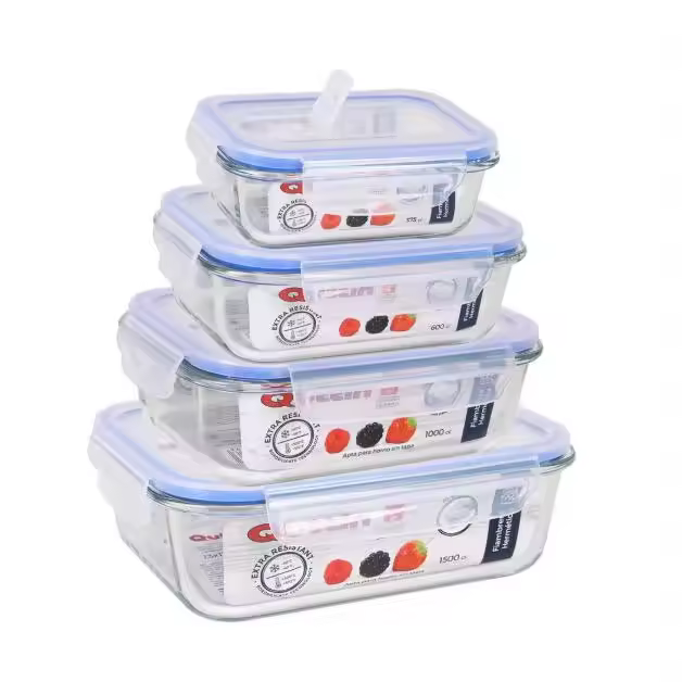 Set de 3 y 4 Recipientes Herméticos de Vidrio Borosilicato - Fiambreras Rectangulares, Cuadradas y Redondas - 375cc a 1500cc - Válvula para Microondas - Apto Horno, Microondas, Lavavajillas y Congelador - Resistente a Altas y Bajas Temperaturas - 1