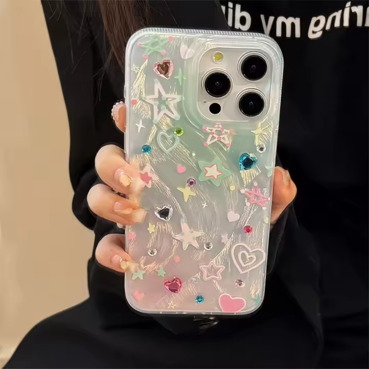 Funda De Teléfono Estrellada Y Corazón En Colores Coreano Para iPhone 17 Air 16 15 14 12 13 11 pro Max Con Cadena Resistente Al Choque Y Duro - 1