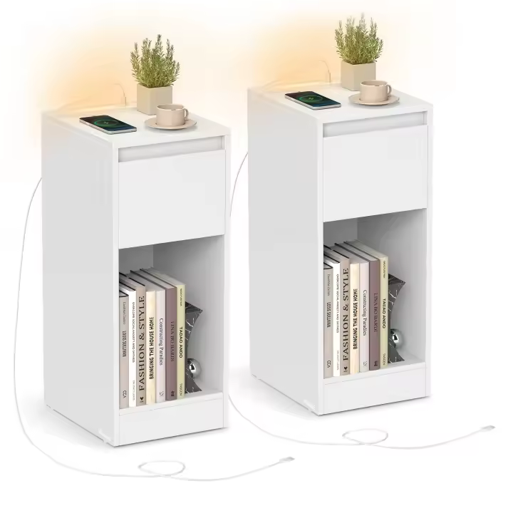 VASAGLE Juego de 2, Mesita de Noche Estrecha, Mesa Auxiliar, con Iluminación LED, 1 Puerto USB-A, 1 Puerto USB-C, Cajón y Compartimento, Dormitorio, Salón, Negro Ébano/Blanco Nube/Amarillo Almendra y Blanco Nube - 1