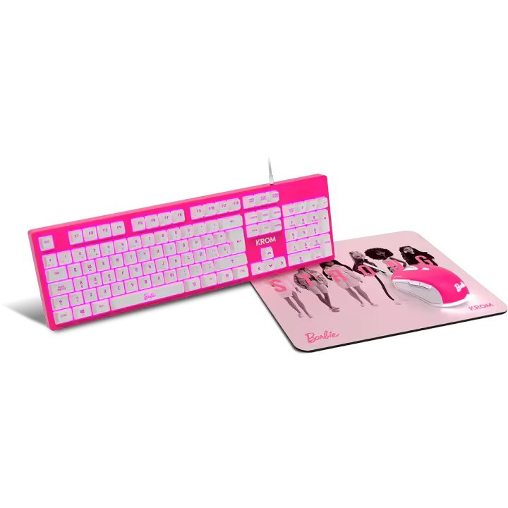 KROM Kit teclado, ratón y alfombrilla edición Barbie KANDY - Teclado membrana, Ratón 6400 DPI, Alfombrilla de goma, rosa - 1