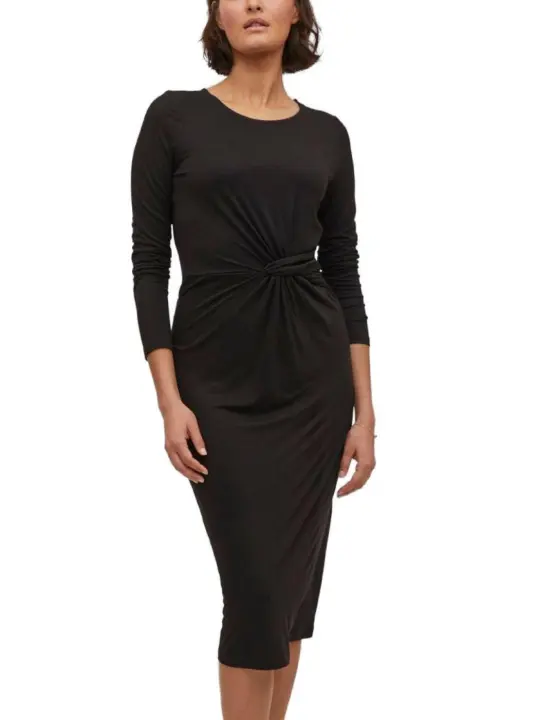 Vestido Vila Vise midi con fruncido negro manga larga mujer - 1