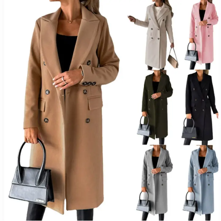 Nueva Chaqueta De Moda Para Mujer 2025 Otoño Invierno Cuello En V Largo Con Bolsillos Doble Botón Estilo Casual Largo (26+ Pulgadas) - 1