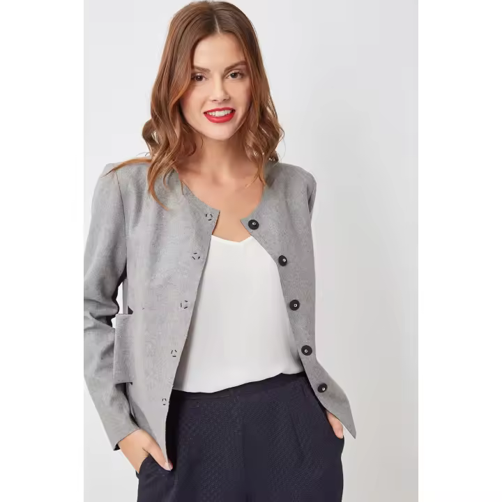 Chaqueta mujer gris sintética, abrigo paño, blazer manga larga, cuello redondo, bolsillos laterales, cierre corchetes, elegante y cómoda, talla 36, estilo versátil otoño invierno ✅Entrega 24/48h - 1