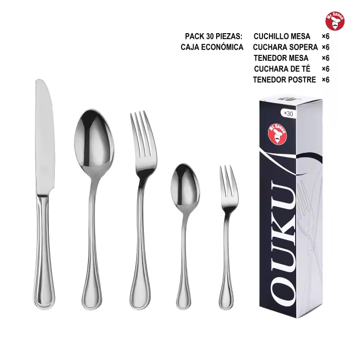 Mr.Spoon Serie Raya Juego 20, 30 o 36 piezas cubiertos,Acero Inoxidable 18/0,Económico y funcional,Incluye cuchillo de carne o mesa, tenedor,cuchara,cucharilla,etc,Mango monobloque,Apto para lavavajillas,Empaque ecológico,Ideal para casa,hotel,restaurante - 1