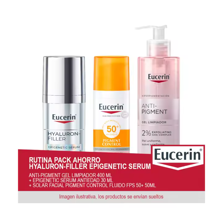 EUCERIN Rutina Pack Ahorro Hyaluron-Filler Epigenetic Serum - Contiene Anti-Pigment Gel Limpiador 400 ml + Epigenetic Sérum Antiedad 30 ml + Solar Facial Pigment Control Fluido FPS 50+ 50ml - 1