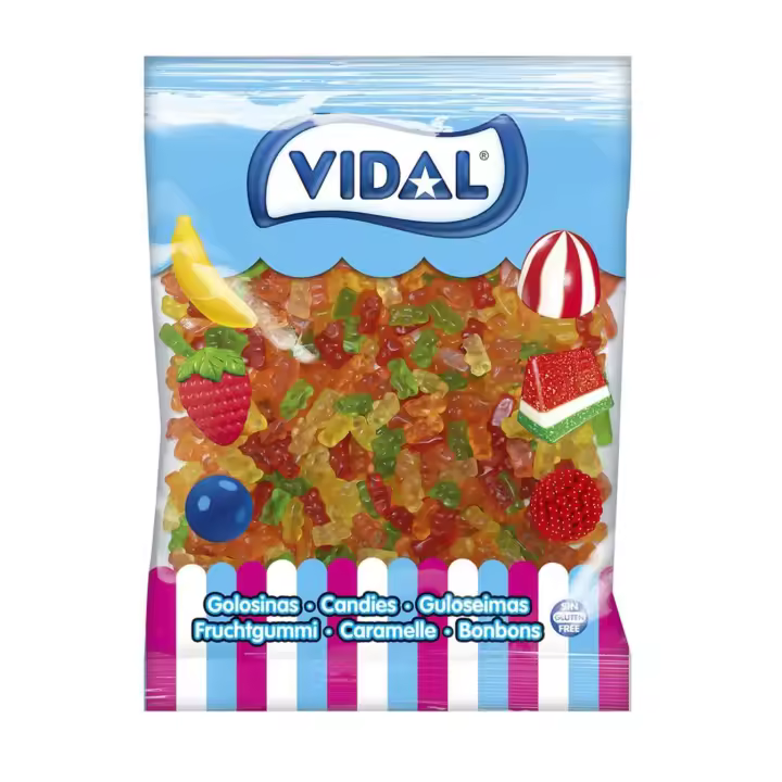 Gominolas Vidal Ositos Jelly bolsa 1 Kg - Ositos de goma Vidal, diferentes colores y sabores a limón, naranja y fresa que conquistarán a toda la familia - Sin gluten y sin grasa - 1