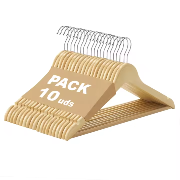 Pack de 10/20/40 Perchas de Madera Natural, Marrón, Blanco, Colgador con Barra Antideslizante para Pantalones para Trajes, Gancho Giratorio 360º y Muescas Antideslizantes para Vestidos. - 1