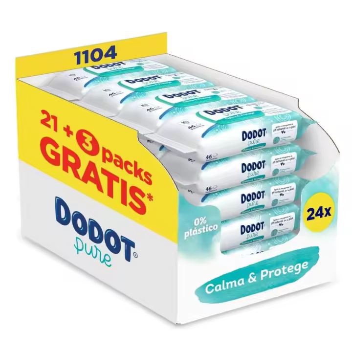 Dodot Pure Calma y Protege Toallitas para Bebé con Aloe Vera, 1104 Unidades (24 Packs x 46), 99% Agua, Sin Alcohol, Sin Plástico - 1