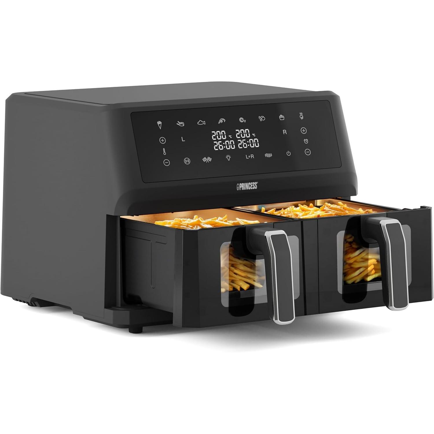 Freidora de Aire Princess 11L,Doble Cesta,2400W,Pantalla Táctil,8 Programas,Sin Aceite,Sincronización de Cocción,Ventana de Visualización,Cestas Aptas para Lavavajillas,Libre de BPA y PFAS - SKU 182276