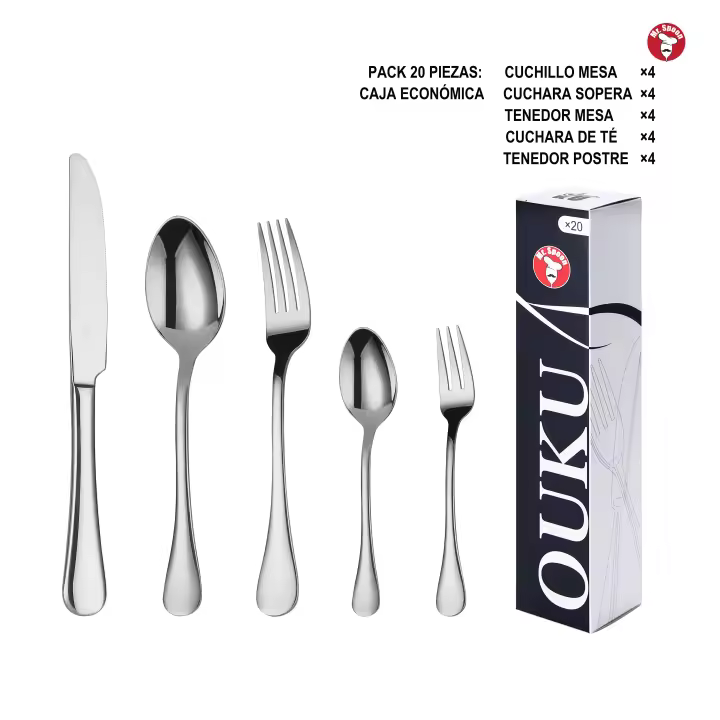 Mr.Spoon Serie Liso Juego 20, 30 o 36 piezas cubiertos,Acero Inoxidable 18/0,Plateado,Económico y funcional,Incluye cuchillo carne o mesa,tenedor,cuchara,cucharilla,etc.Mango monobloque,Apto para lavavajillas,Empaque ecológico,Para casa,hotel,restaurante - 1
