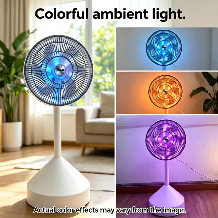 Ventilador plegable de pie 70W Silencioso, Luz ambiental, Oscilación, Altura ajustable, Temporizador, mando a distancia, 3 velocidades, Color blanco - 1