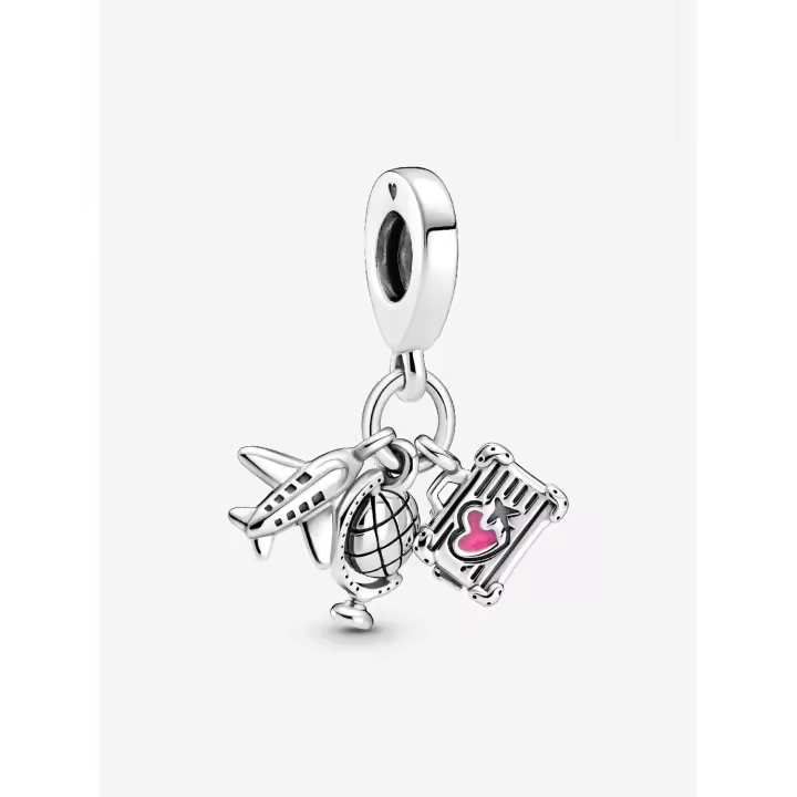 Pandora - Charm colgante de avión, globo terráqueo y maleta - Plata de ley - 1