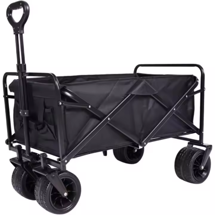 Carrito de Playa Plegable con Asa Telescópica, Carretilla Plegable con Ruedas y Frenos - 4 Ruedas (Negro L) - 1