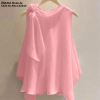 ZANZEA Camiseta Para Mujer Verano Tops 2025 Sólida Sin Mangas Asimétrica Casual Suelta Con Cuello Redondo Y Scaro - details 2