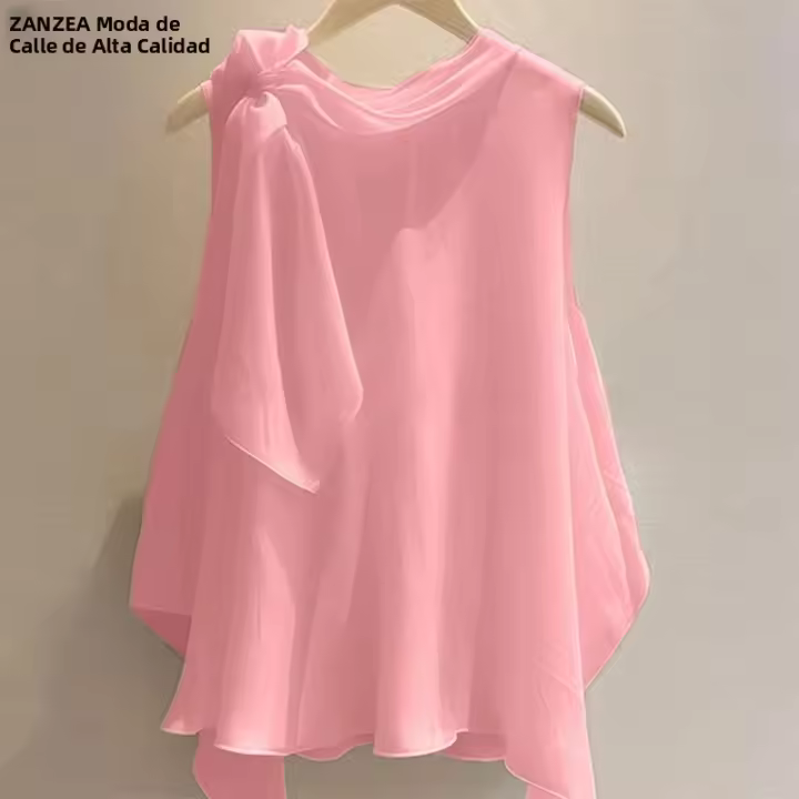 ZANZEA Camiseta Para Mujer Verano Tops 2025 Sólida Sin Mangas Asimétrica Casual Suelta Con Cuello Redondo Y Scaro - 1