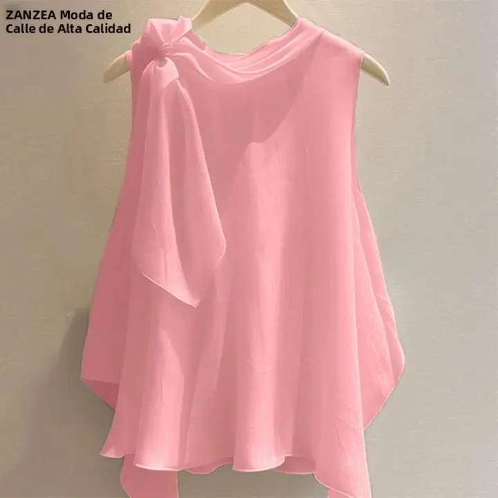 ZANZEA Camiseta Para Mujer Verano Tops 2025 Sólida Sin Mangas Asimétrica Casual Suelta Con Cuello Redondo Y Scaro - 1