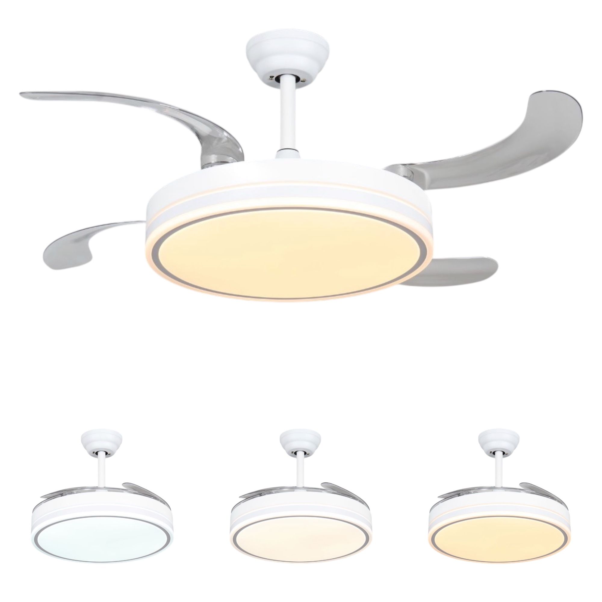 Ventilador de techo con luz LED 36W en 3 Temperaturas de Luz con Mando a Distancia -Motor DC Eficiente y Silencioso, 3 tonalidades, aspas desplegables retráctiles, 6 velocidades, control remoto, memoria, temporizador (ventilador-001 6990 D7)