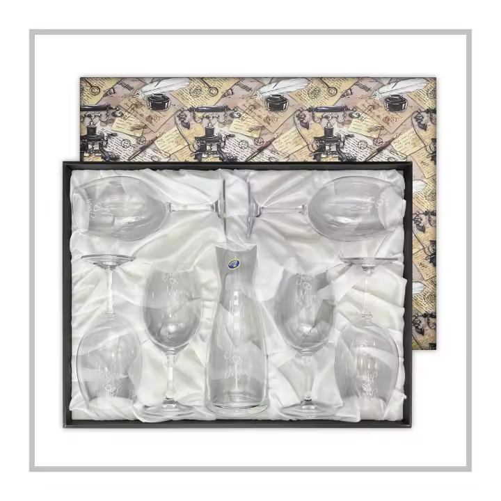 RegaloVip.es - Pack 6 Copas de Vino y Decantador con Estuche Vintage. Cristal de Bohemia, Regalos personalizados y originales, copas personalizadas, brindis con emoción, regalo bodas, 25 aniversario, 50 aniversario, bodas plata, bodas de oro. - 1