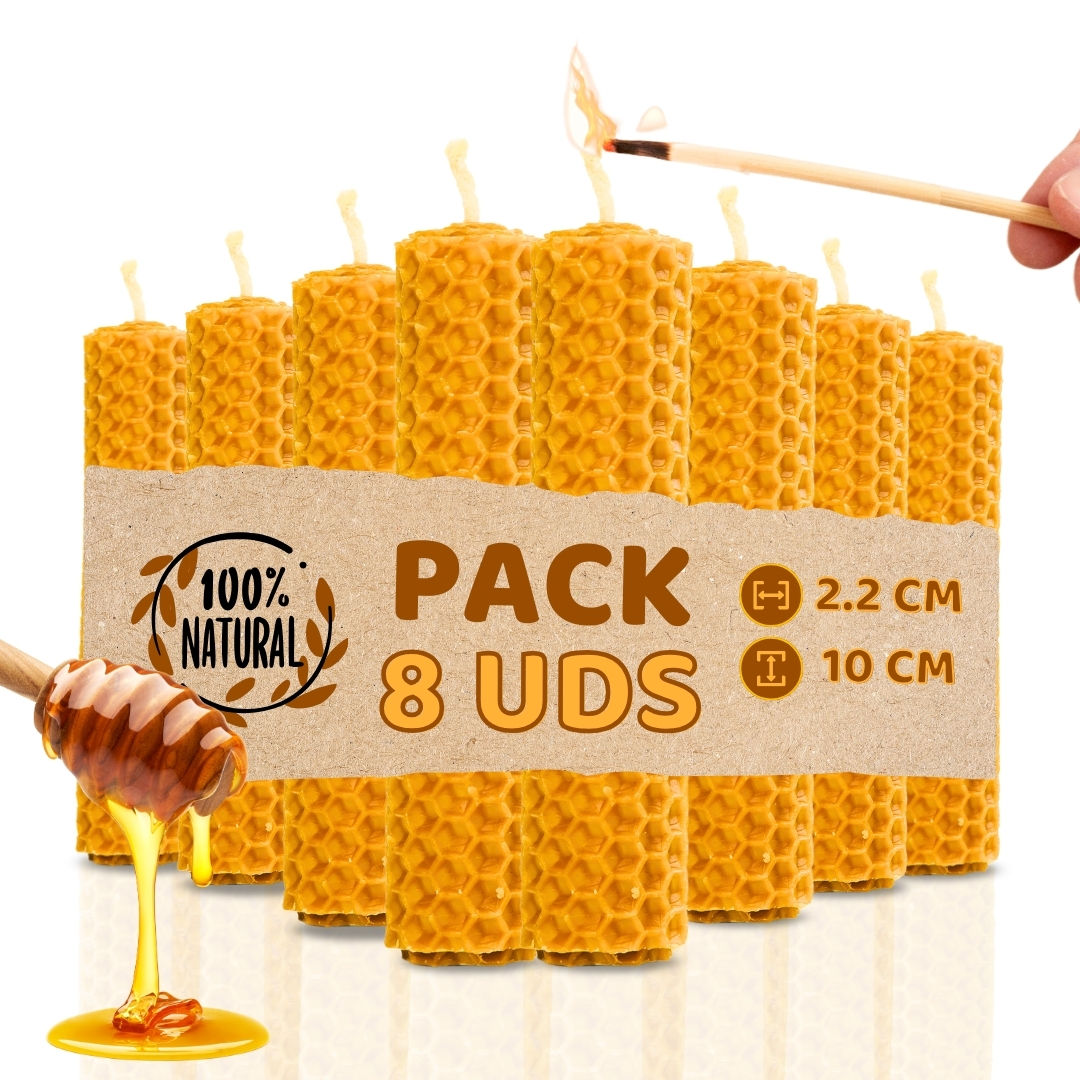 Pack de 8 Velas de Miel de Abeja para Rituales 100% Natural - DECEVI - Hechas a Mano - Origen España - SIN PARAFINA - Velas 10 cm x 2,2 cm - Enciende la Magia de la Luz Suave y Cálida