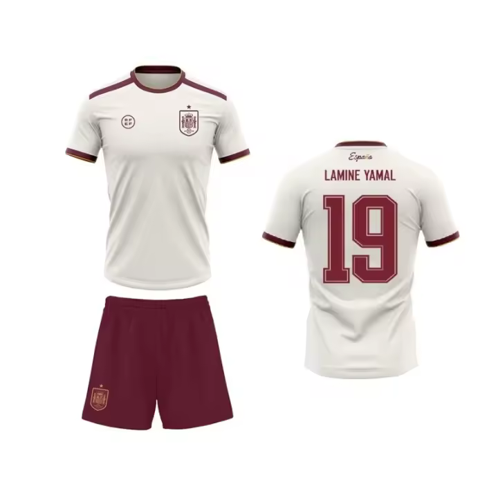 Segunda Equipación Lamine Yamal fútbol Selección Española camiseta blanca y pantalón producto oficial tallas para niños DOSESPKITLAMINE - 1