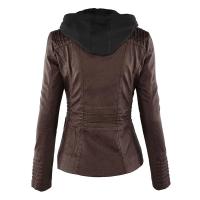 Chaqueta De Cuero Sintético Para Mujer Estilo Motociclista Con Capucha Negro Otoño-invierno Cierre De Cremallera Largo Regular - details 11