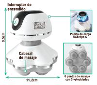 Masajeador portátilVelocidades: 3 niveles Puntos de masaje: 6 Carga: USB tipo C EAN: 8435737110340 Peso: 0,210 kg Medidas: 11,4 cm altura x 10,5 cm largo x 10,5 cm ancho - details 0