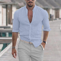 Camisa De Algodón Y Lino Para Hombre Cuello Mandarin Manga Larga Suéter Casual Primavera Otoño Moda Top Libre Talla - details 5