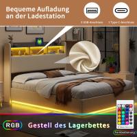 Cama individual 140x190 cm de terciopelo beige con almacenamiento, luz LED inferior y estantería en cabecera - details 2