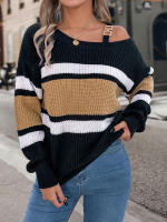 Suéter De Manga Larga Casual De Otoño E Invierno Para Mujer Con Rayas Y Color Contraste Hombros Descubiertos Cierre De Metal Ajustable - details 10