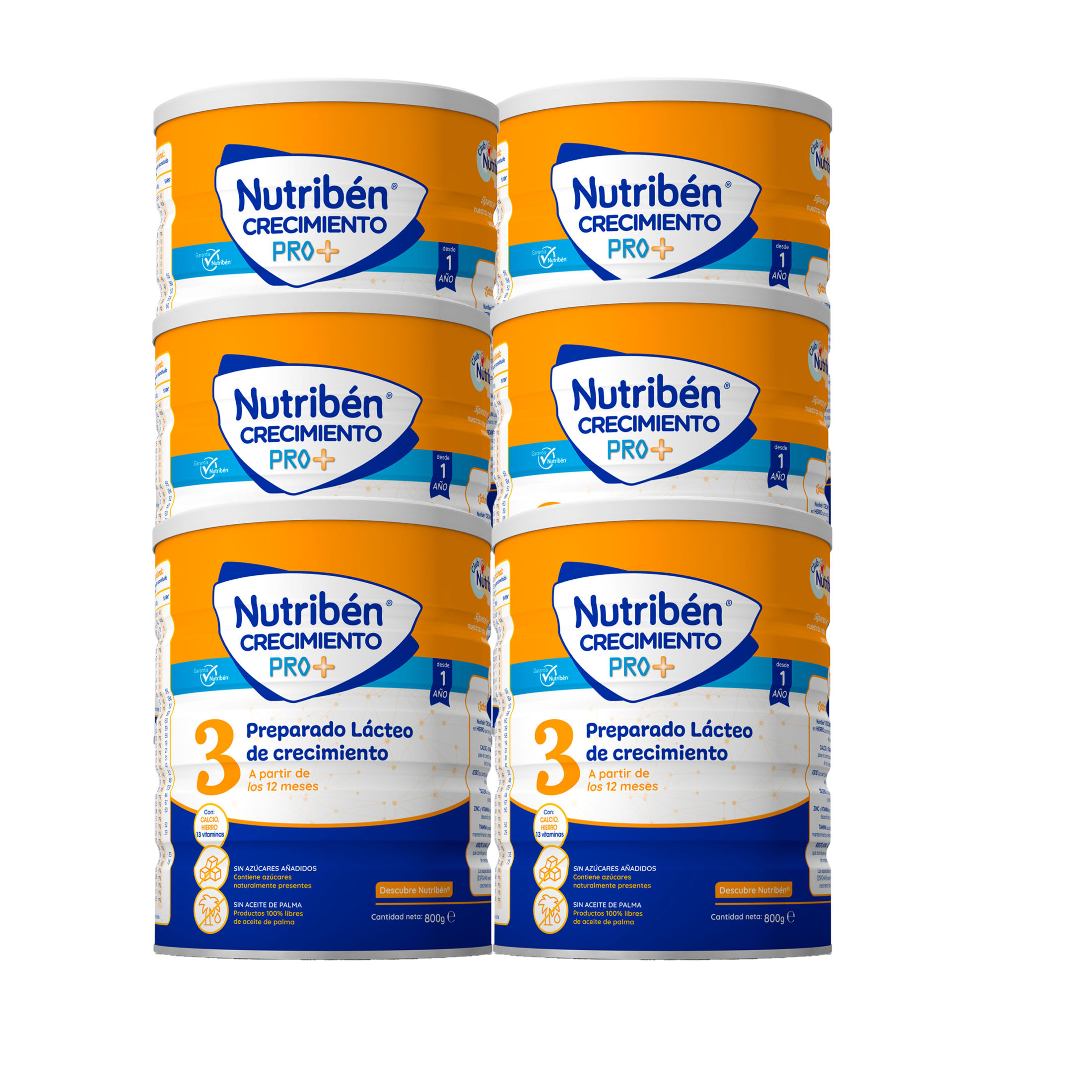 Nutribén Crecimiento Pro+ 3 - Pack de 6 Leches en Polvo Bebé Crecimiento | Leche de Fórmula a Partir de los 12 Meses | Sin Aceite de Palma, Contiene Calcio, Hierro y 13 Vitaminas | Con Cacito Dosificador