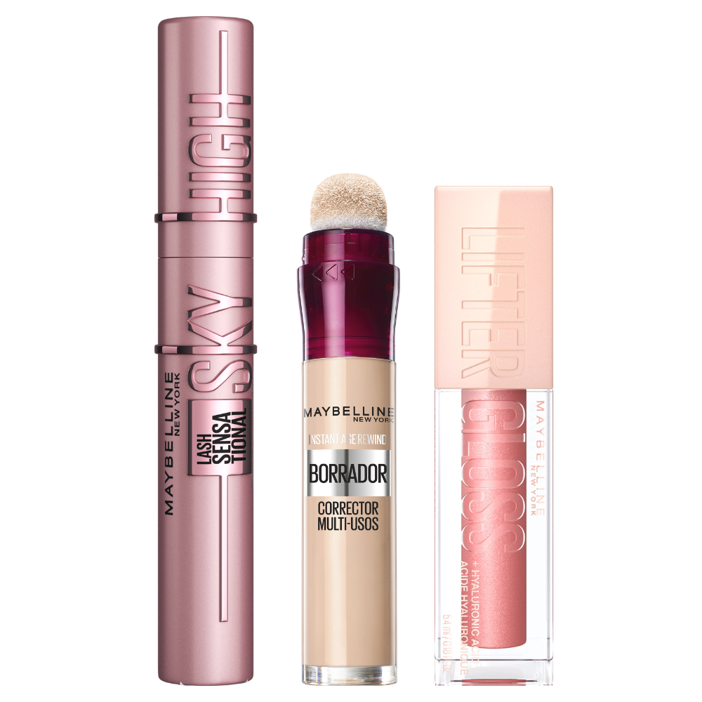 Maybelline New York | Pack Rutina con nuestros favoritos, con la máscara de pestañas Sky High, el borrador corrector multiusos, en Tono Light, y el labial Lifter Gloss, en tono Moon