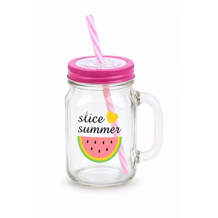 350ml Glass Drinking Jar Mug with Handle | Cute Fruit Mason Jar with Lid and Straw | Reusable Clear Glass Tumbler for Summer Juice & Iced Coffee - 1