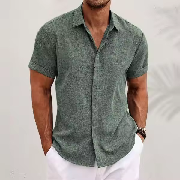 Camisa informal de manga corta para hombre - Doble botonadura en algodón/liño (color liso, alta calidad, ideal para verano y hogar) - 1
