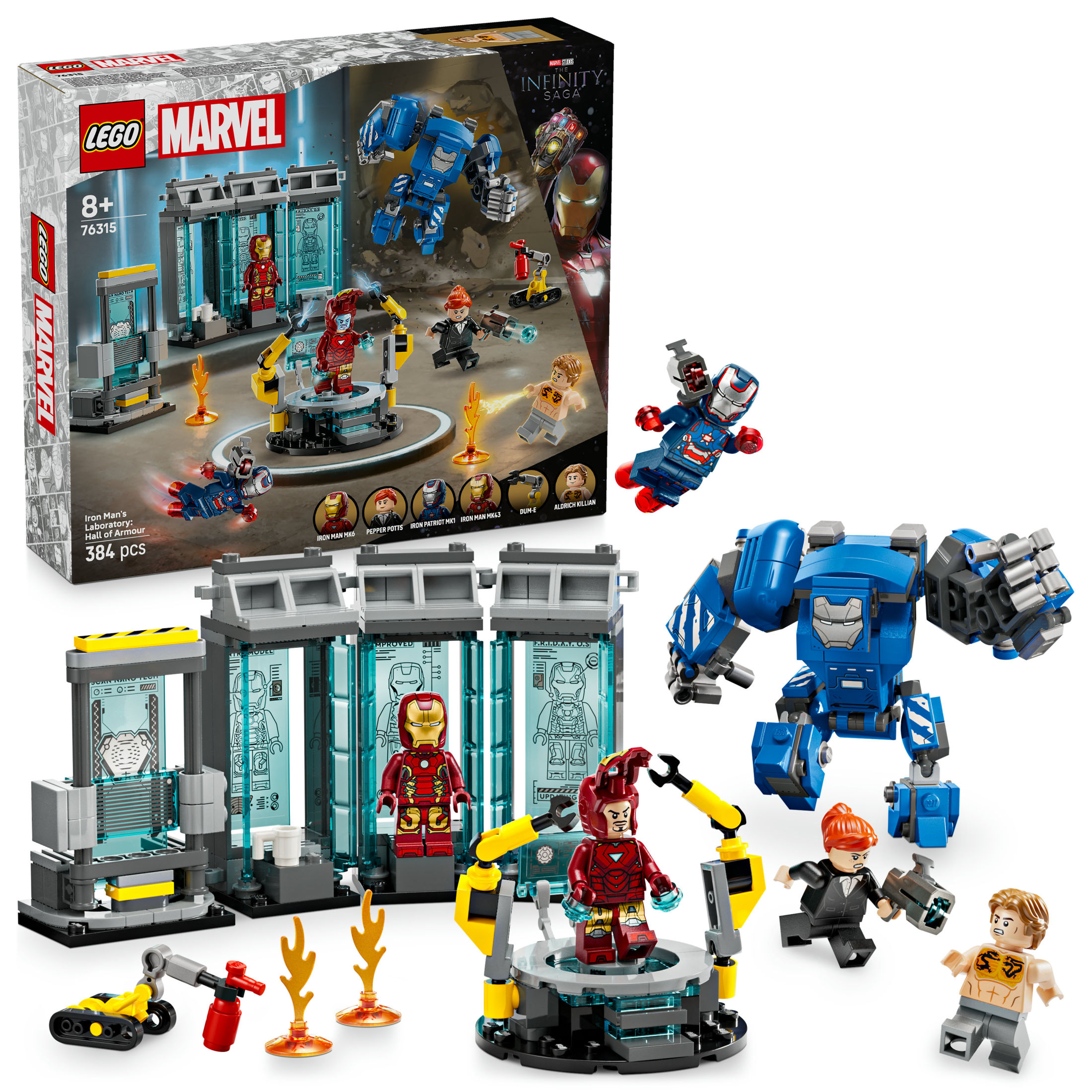 LEGO 76315 Marvel Laboratorio de Iron Man: Sala de Armaduras, Juguete de Construcción de Superhéroes con Figura Meca Articulada y 5 Minifiguras, Regalo de los Vengadores para Niños y Niñas a partir de 8 Años