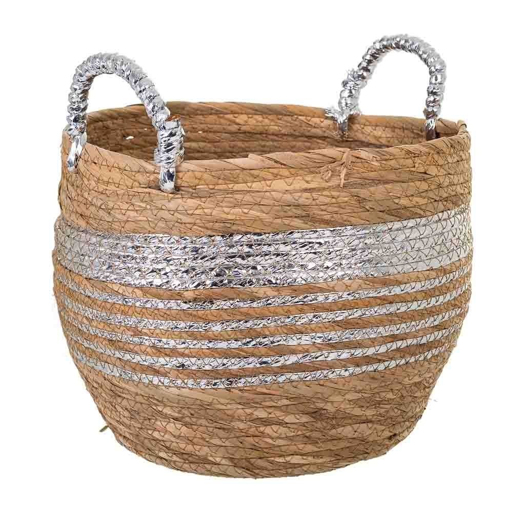 WANDERLUST DECO Capazo de Fibra Natural - Aenea y Papel Trenzado - Color Natural y Marron - 28x28x24 Cm