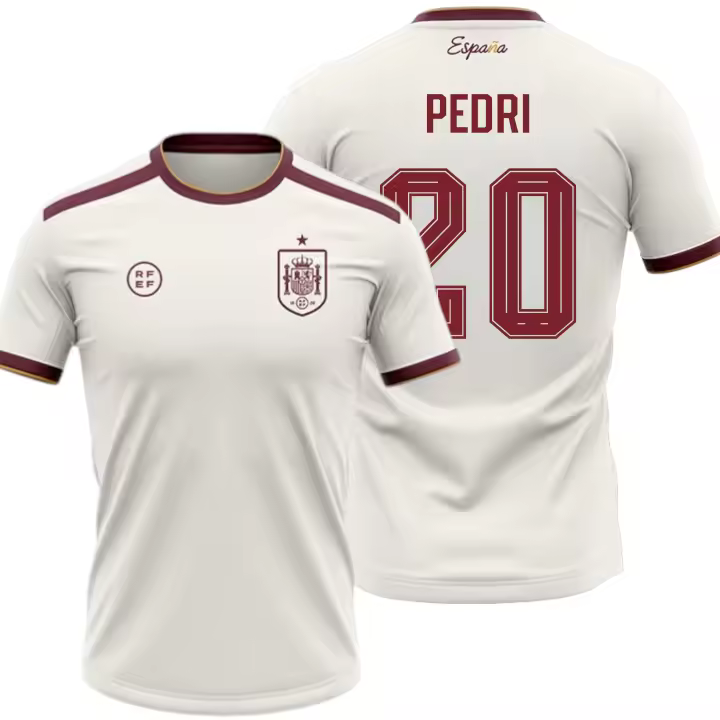 Camiseta España 2026-2028 | Pedri 20 Dorsal y Nombre | Color Blanco con Detalles Granate | Manga Corta | Diseño Futbol Aficionados | Tejido Transpirable Deportivo - 1