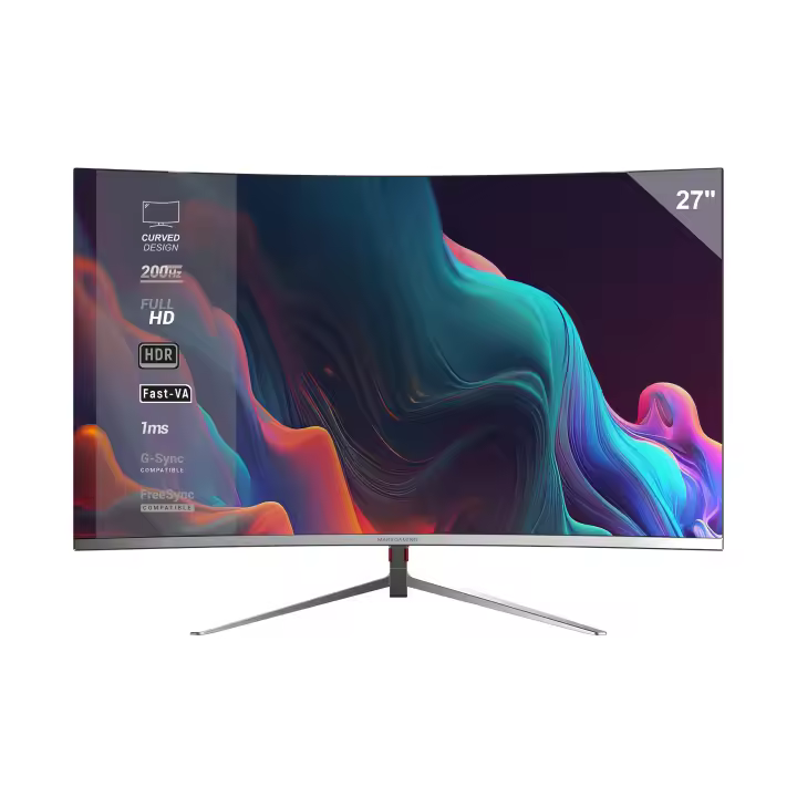 Mars Gaming MV-27C, Monitor Gaming Curvo 27” FHD 1080p 200Hz, HDR10 1ms, FreeSync y G-Sync, Monitor PC Sin Marco, Inclinación 20°, Low Blue Light y Flicker Free, HDMI + DisplayPort + Jack 3.5mm, Monitor PC Negro o Blanco - 1