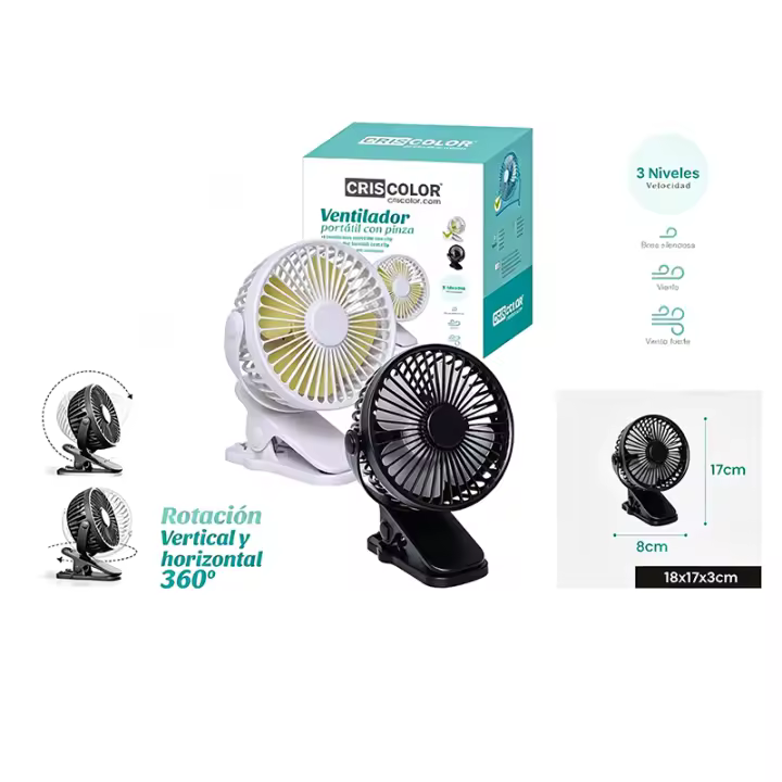 Ventilador Portátil con Pinza Recargable 1200mAh, 3 Velocidades, Rotación 360°, Silencioso para Hogar y Oficina - 1
