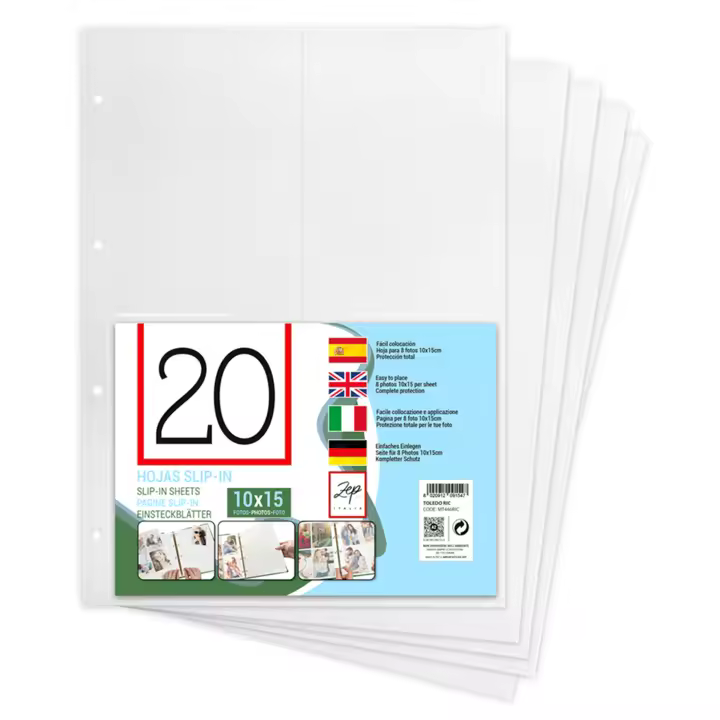 Zep 20 Hojas Slip-In para fotos 10x15 cms, recambio compatible con álbum de anillas, Fácil colocación, protección total - 1