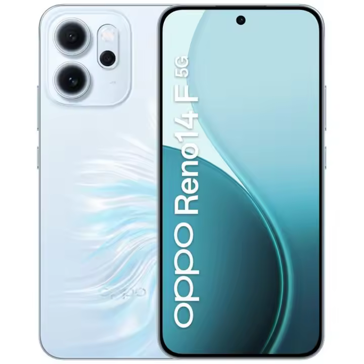 OPPO Reno14 F 5G smartphone, 6.57" AMOLED display, 50MP triple camera, 8GB RAM, 256GB storage, dual SIM, Android 15, 6000mAh battery, Blue, with 120Hz refresh rate for enhanced performance and 5G connectivity. - 1